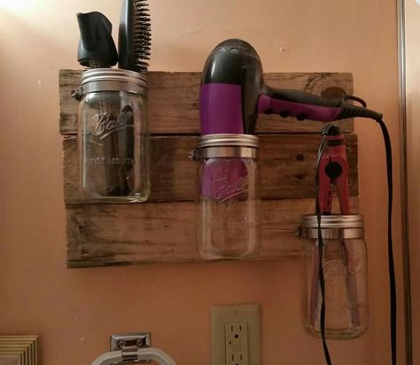 Mason jar Bathroom holder Mason Jar Hair Tool Holder, Mason Jar Toothbrush Holder Diy, Hair Tool Holder, Mason Jar Toothbrush Holder, Bathroom Holder, House Craft, Tool Holders, Toothbrush Holder Wall, Diy Mason Jar