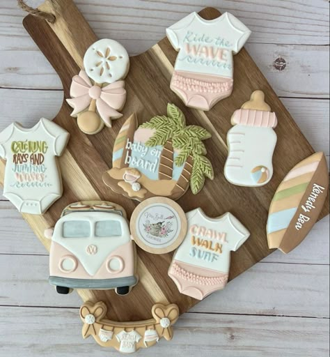 Beachy Boho Gender Reveal, Coastal Gender Reveal, Baby On Board Girl Baby Shower Ideas, Surfer Girl Baby Shower Ideas, Beach Theme Baby Shower Ideas Girl, Baby On Board Baby Shower Ideas Girl, Baby On Board Surf Theme, Baby Shower Surf Theme, Baby On Board Cookies