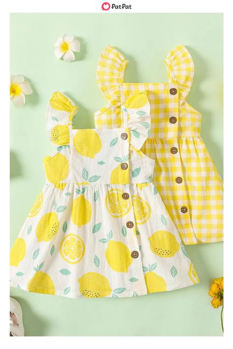 This baby girl spring dress has a cute yellow color and adorable plaid or lemon fruit design - making it a must-have addition to your baby's spring and summer wardrobe. Your baby girl. The vibrant color, sweet design, and soft fabric make it perfect for any occasion. Shop cute and trendy outfits for baby this spring at patpat.com Baby Girl Frock Designs, Summer Frock Designs, Baby Frock Designs, Summer Frocks, Dresses Patterns, Cotton Frocks For Kids, Girl Frock, Frocks For Babies