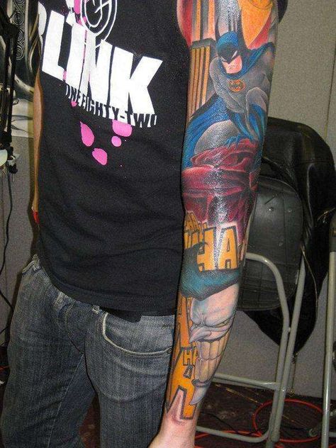 Batman Sleeve Batman Tattoo Sleeve, Batman Joker Tattoo, Comic Book Tattoo, Book Tattoos, Comic Tattoo, Batman Tattoo, The Bat Man, Batman Comic Books, Joker Tattoo