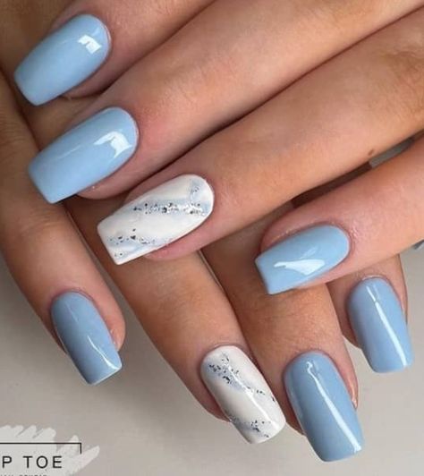 Nail Designs With Light Blue, Carolina Blue Nails Designs, Light Blue Wedding Nails Bridesmaid, Light Blue Fingernails, White Silver And Blue Nails, Blue French Manicure Designs, White Blue Silver Nails, Light Sky Blue Nails, Light Blue Nail Art Design