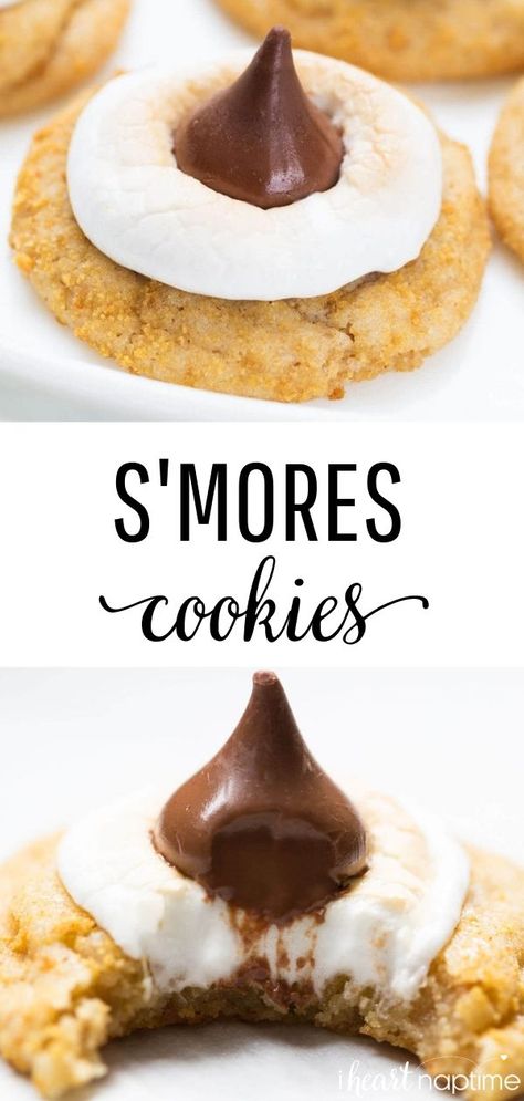 Soft and chewy smores cookies with a buttery graham cracker flavored dough, a gooey marshmallow and chocolate kiss on top! This summer treat is even better than the traditional smores and no campfire is needed! #smores #smorescookies #summer #summerrecipes #baking #cookies #cookierecipes #marshmallow #desserts #summerdesserts #recipes #food #foodrecipes #iheartnaptime Smores Cookies Recipes, Marshmallow And Chocolate, Biscuits Graham, Cowboy Caviar, Smores Cookies, Almond Joy, S'mores, Baked Dessert Recipes, Köstliche Desserts