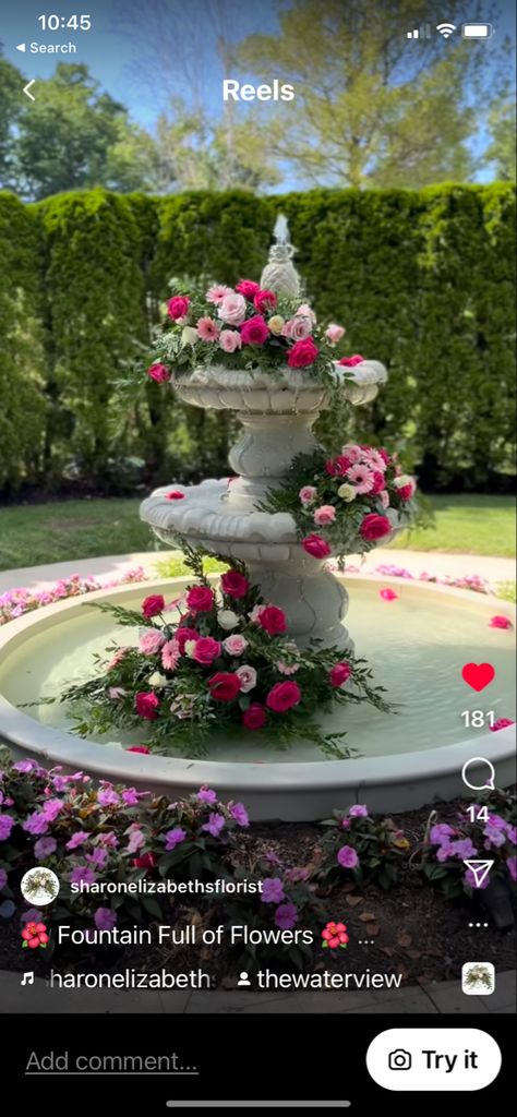 Flower Fountain Wedding, Wedding Fountain Flowers, Fountain Flowers Wedding, Fountain Florals, Fountain Floral Installation, Baroque Fountain, Floating Flowers, Wisteria, Bird Bath