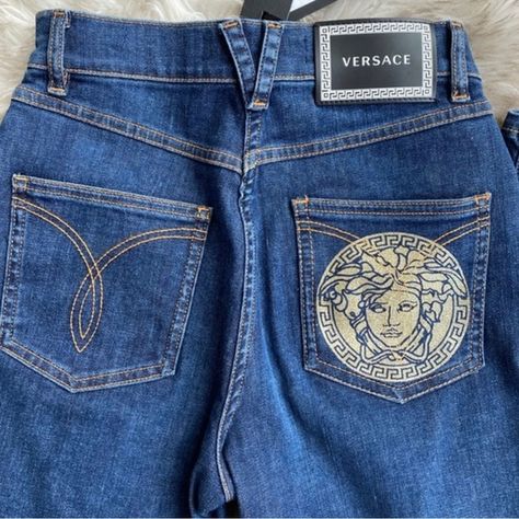 Authentic Versace jeans 29it new Versace Pants, Silver Pants, Versace Blue, Sheer Pants, Vintage Versace, Crop Dress, Wide Leg Dress Pants, Girl Closet, Black Denim Jeans