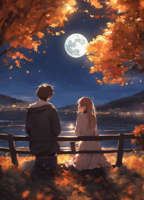 Anime aesthetic wallpaper of a cute couple watching the full moon in autumn Watching Moon Couples, Aesthetic Animated Couple Pics, Lofi Love Wallpaper, Cute Love Couple Images Anime, Sweet Anime Couple Wallpaper, Love Aesthetics Couple Anime, Anime Aesthetic Lockscreen Wallpaper, Couple Watching Moon, Aesthetic Anime Couple Wallpaper