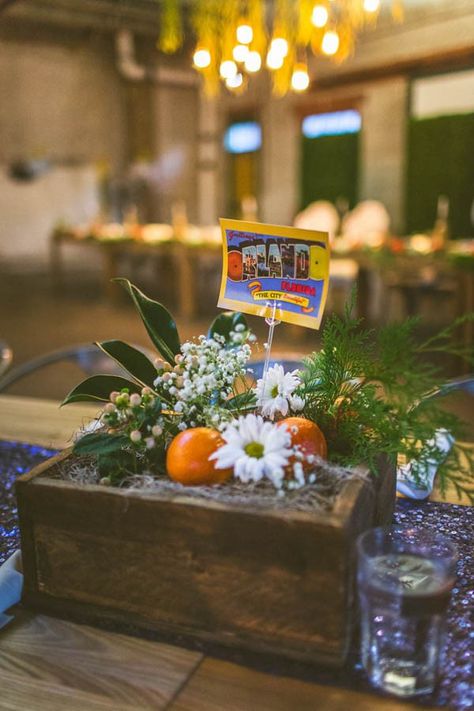 Mint and Orange Vintage Florida Wedding at Artisan Alley Garage Vintage Florida Wedding Decor, Florida Themed Wedding, October Wedding Centerpieces, Florida Wedding Decor, Vintage Florida Wedding, Old Florida Wedding, Alley Garage, Old Florida Decor, Orange Blossom Wedding