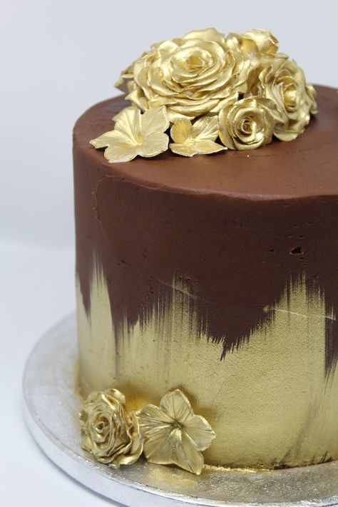 handmade flowers, painted with luster dust Chocolate Flake Cake Decoration, Luster Dust Cake, Chocolate Floral Cake Design, Gold Luster Dust Cake, Chocolate Cake Designs Floral, Baileys Cake, Birthday Cake For Mom, Luster Dust, Chocolate Flowers