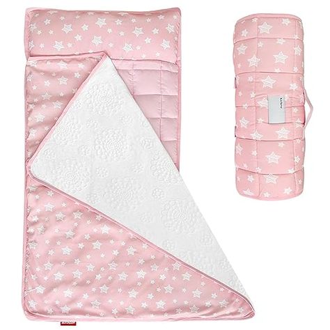 Toddler Nap Mat Pink, Removable Pillow and Fleece Minky Blanket, Lightweight and Soft Perfect for Kids Preschool, Daycare, Travel Sleeping Bag for Girls, 21" x 50" Fit on a Standard Cot Rollup Design, Kids Nap Mats, Toddler Nap Mat, Toddler Nap, Nap Mat, Pink Floral Pattern, Pink Stars, Minky Blanket, Gardening For Kids