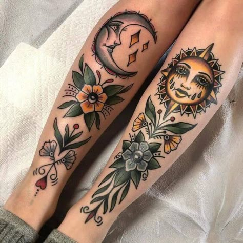 Shin Tattoos, Shin Tattoo, Traditional Tattoo Inspiration, Hippie Tattoo, Sun And Moon Tattoo, Traditional Style Tattoo, Tattoos Traditional, Tattoos Mandala, Mandala Tattoos