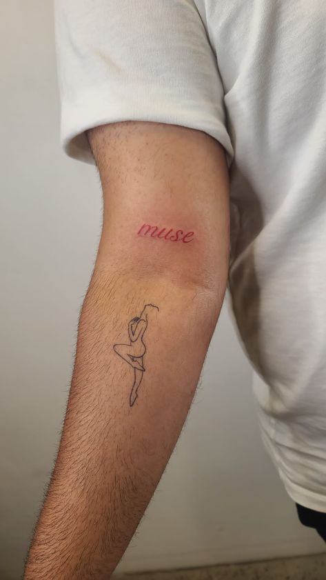 Muse and Ballerina Line tattoo Dancers Tattoo Ideas, Dancer Silhouette Tattoo, I Am My Own Muse Tattoo, My Own Muse Tattoo, Dance Inspired Tattoos, Just Dance Tattoo, Muse Tattoo Words, Ballet Tattoo Minimalist, Dance Tattoo Ideas Dancers