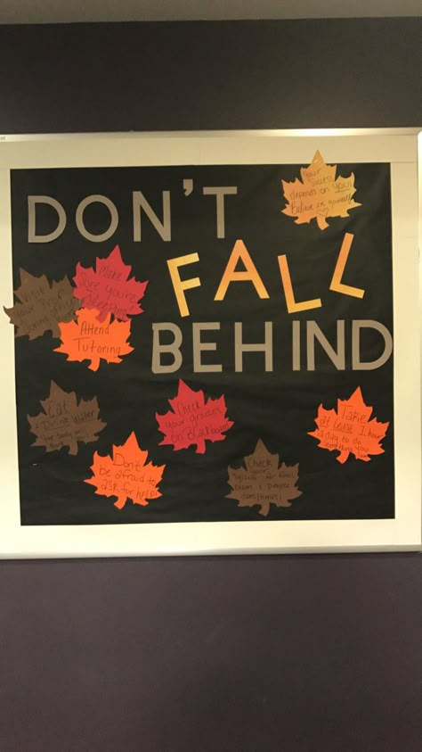 Fall Bulletin Board - tips for staying successful throughout the semester. #reslife #RA #doordecs #bulletinboards Dont Fall Behind Bulletin Board, Fall Semester Bulletin Boards College, College Bulletin Board Ideas Resident Assistant, Resident Assistant Bulletin Boards Fall, Fall Bulletin Board Ideas For High School, Fall Bulletin Boards For High School, Communication Bulletin Board Ideas, Fall Ra Board Ideas, Simple Ra Bulletin Boards