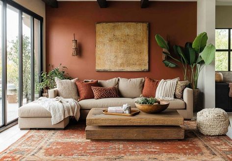 Terracotta Furniture Living Rooms, Boho Colors Living Room, Terracotta Interior Design Living Rooms, Rust Interior Design, Earthy Colorful Living Room, Rust Colour Living Room, Warm Tone Home Interior, Brown And Terracotta Living Room, Beige And Rust Living Room