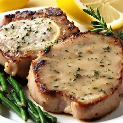 Creamy Lemon Thyme Pork Chops: A Delectable Family Heirloom Recipe! Thyme Pork Chops, Pork Chop Dishes, Steamed Asparagus, Lemon Thyme, Heirloom Recipes, Light Salad, Garlic Mashed Potatoes, Garlic Mashed, Hearty Dinner