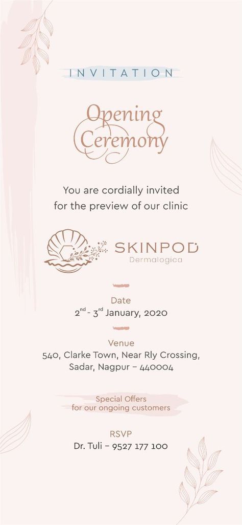 A Dermatologica or Skin Care Clinic Opening Invitation Dental Clinic Invitation Card, Dental Invitation Card, Dental Clinic Opening Invitation Card, Clinic Opening Invitation Card, Salon Opening Invitation Card, Opening Ceremony Invitation Card, Inauguration Invitation, Indian Baby Shower Invitations, Shop Opening Invitation Card