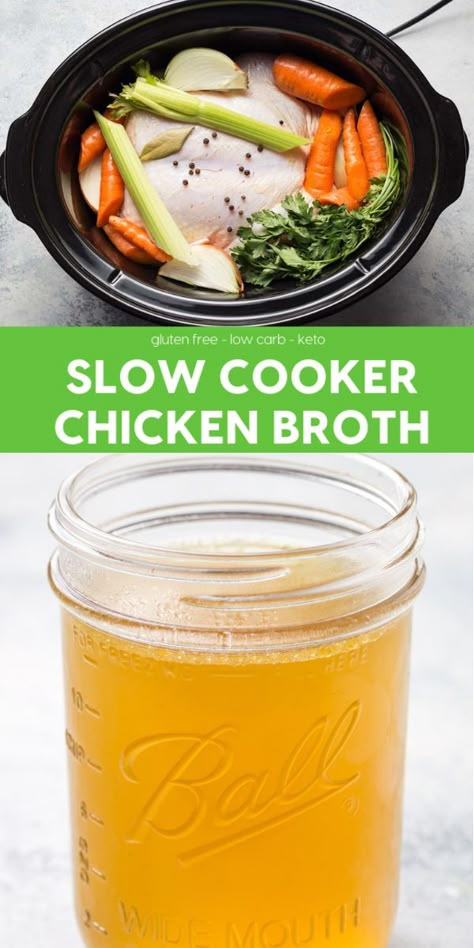 Slow Cooker Chicken Broth from scratch, so easy to make this in your crockpot, perfect for making tasty soup! www.noshtastic.com #slowcooker How To Make Chicken Broth With Bouillon, Chicken Stock For Dogs, How To Make Broth From Chicken Bones, Chicken Broth With Whole Chicken, Making Chicken Broth From Bones, Chicken Broth From Whole Chicken, Chicken Stock From Whole Chicken, How To Make Chicken Stock, Chicken Broth From Bones