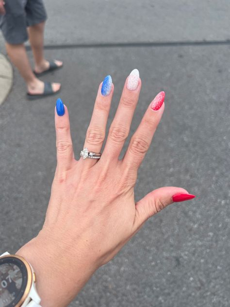 4th of July nail ideas. Red, white and blue. Ombre on two nails Easy Red White And Blue Nails, Fourth Of July Ombre Nails, Red White And Blue Nails Ombre, Red White And Blue Chrome Nails, Red And Blue French Tip Nails, Red White And Blue Ombre Nails, Red White And Blue Nails Simple, Easy Red White And Blue Nails Simple, Red White Blue Ombre Nails