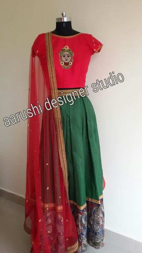 Lehanga crop top with kalamkari patch work.. Anarkali Dress, Anarkali, Saree, Crop Tops, Dresses, Design