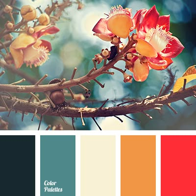 On the background of warm red and orange, turquoise, an initially cold color, acquires a warm, gentle tone. This palette is perfect for a living room, but. Flat Bedroom, In Color Balance, French Apartment, Color Palette Ideas, Peach Cream, Palette Ideas, Modern French, Color Crema, Color Palate