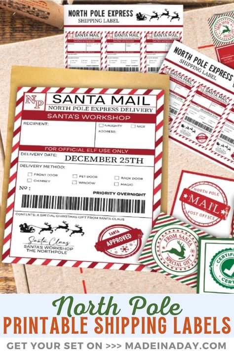 Give packages straight from Santas workshop with our Printable North Pole Shipping Labels. These fun labels will add holiday magic to your shipments and gifts! Free printable north pole shipping shipping label from santa, free printable santa shipping label, free printable north pole shipping labels, north pole mailing label Santa Free Printable, Santa Label, Christmas Printable Labels, Labels Printables Free Templates, Santa Letters, North Pole Sign, Printable Tags Template, Santa Mail, Santa North Pole