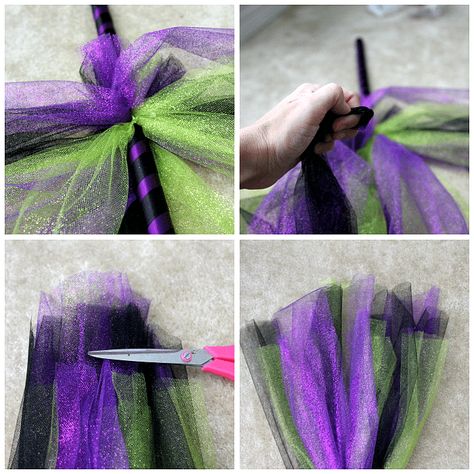 Witches Broom Diy, Homemade Witch Costume, Diy Witch Broom, Kids Witch Costume, Witch Costume Diy, Halloween Witch Brooms, Diy Witch, Tulle Crafts, Halloween Brooms