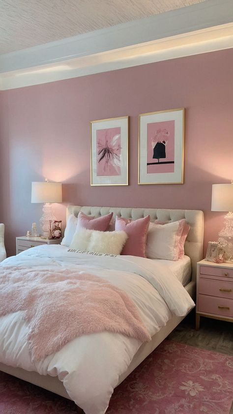 One Wall Pink Bedroom, Pastel Colors Bedroom Ideas, Pastel Colors For Room, Pink Accents In Bedroom, Girly Room Color Ideas, Green White Pink Bedroom, Simple Room Interior Bedroom, Rose Pink Room Ideas, Bedroom With Personality