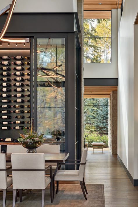 Dining Room in Riparian Retreat by Forum Phi on 1stDibs Aspen Colorado Interior Design, Living Room Spotlights, Colorado Interior Design, Luxe Magazine, Wood Dining Tables, Brass Dining Table, Aspen House, Riverside House, Modern Contemporary Living Room