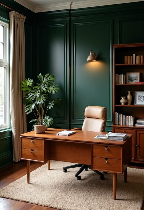 Sophisticated Style: 19 How to Decorate a Home Office with Deep Forest Green! - 7. Rich Wood Accents Serene Environment, Deep Forest Green, Home Office Inspiration, Deep Forest, Green Accents, Office Inspiration, Stylish Furniture, Accent Walls, How To Decorate