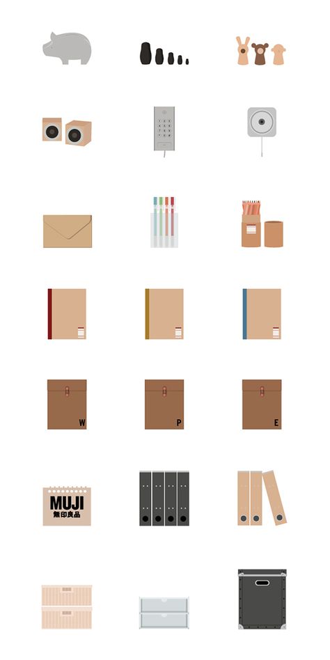 MUJI icons on Behance Muji Desk, Muji Aesthetic, Muji Stationary, Brand Redesign, Muji Stationery, Muji Pens, Muji Home, Chinese Graphic, Muji Style