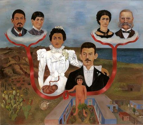 My Grandparents, My Parents, and I (Family Tree) by Frida Kahlo, oil and tempera on zinc, 1936 #MyGrandparentsMyParentsAndI #FamilyTree #FridaKahlo Diego Rivera Frida Kahlo, Man Vs Nature, Family Tree Painting, Frida Kahlo Paintings, Kahlo Paintings, Frida And Diego, Family Tree Print, Frida Art, Most Famous Paintings