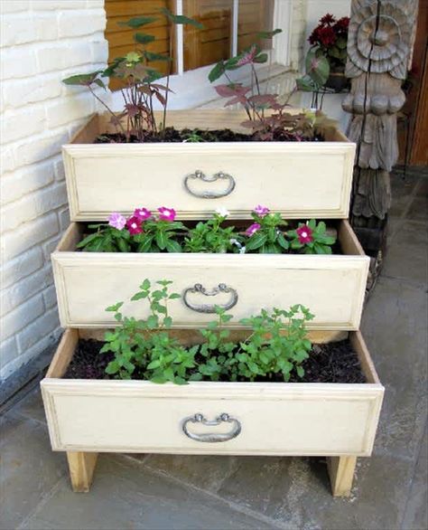 Diy Dresser Drawers, Old Dresser Drawers, Old Drawers, Vertical Gardens, Diy Dresser, Backyard Diy Projects, Old Dressers, Small Space Gardening, Diy Planters