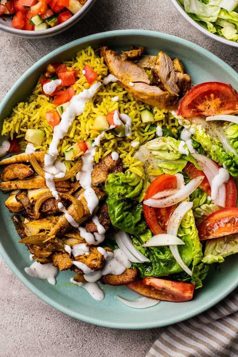 Chicken Shawarma Bowls | So Much Food Chicken With Yellow Rice, Chicken Shawarma Bowl, So Much Food, Salad Recipes Healthy Easy, Chicken Tender, Yellow Rice, Salad Sauce, Chicken Shawarma, Spicy Snacks