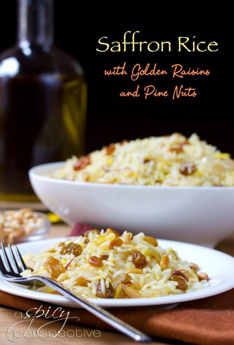 Saffron Rice with Golden Raisins and Pine Nuts #vegan #glutenfree #recipes Dishes For Christmas Dinner, Side Dishes For Christmas Dinner, Rice With Raisins, Side Dishes For Christmas, Dishes For Christmas, Saffron Rice Recipe, Curry Rice Recipes, Middle Eastern Bread, Grain Dishes