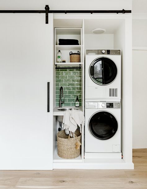 Small Laundry Ideas — Adore Home Magazine Euro Laundry, European Laundry, Laundry Cupboard, Laundry Reno, Hidden Laundry, Compact Laundry, Laundry Room Closet, Laundry Design, Laundry Room Renovation