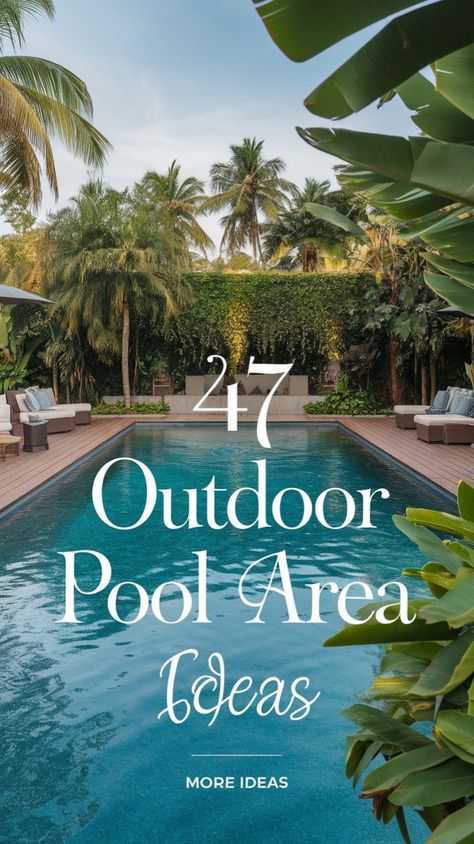 Dive into 47 stunning outdoor pool area ideas to create your tropical paradise! 🌴 From lush greenery to stylish poolside lounges and serene luxury vibes, these backyard oasis designs are perfect for modern outdoor living. Find your inspiration for the ultimate escape! 💧🌺 Swimming Pool Feature Wall, Tropical Paradise Backyard, Back Porch To Pool, Backyard Tropical Oasis Ideas With Pool, Pavers Turf Around Pool, Mid Century Modern Pool Area, Farmhouse Pool Ideas Backyard, Cozy Pool Area, Florida Pool Landscaping Ideas