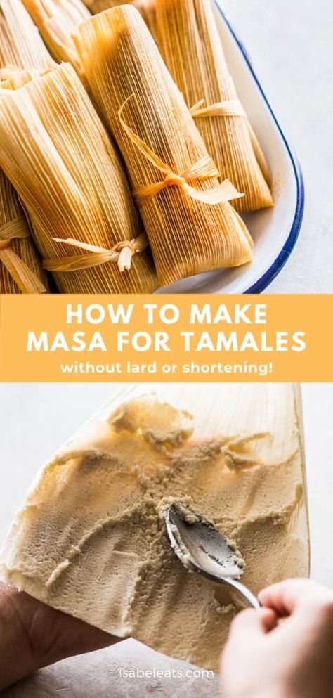 This easy to make masa for tamales recipe is the starting point to making the best homemade tamales ever! They're made from Maseca masa harina, oil, baking powder, salt and broth. Just 5 ingredients is all you need to make light, tender and flavorful tamale dough! They're made without lard, making them vegetarian and vegan! #tamales #mexicanfood #mexican Mexican Masa Recipes, How To Make Masa, Small Batch Tamales, Healthy Tamales Recipe, Masa For Tamales How To Make, Dessert Tamales Recipe, Home Made Tamales, Breakfast Tamales Recipe, Best Masa Recipe For Tamales