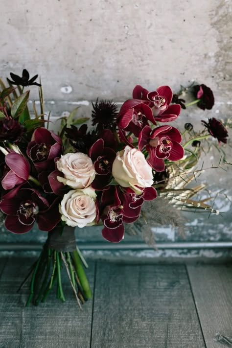 Xmas Arrangements, Moody Wedding Flowers, Hotel Los Angeles, Red Bouquet, Moody Wedding, Burgundy Flowers, Los Angeles Wedding, Industrial Modern, Wedding Los Angeles