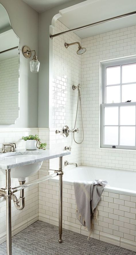 The Tile Combination for the Girls' Bathroom - Chris Loves Julia White Subway Tile Bathroom, Makeover Kamar Mandi, Subway Tiles Bathroom, Interior Design Minimalist, 1920s House, Bad Inspiration, Small Remodel, White Subway Tile, Upstairs Bathrooms