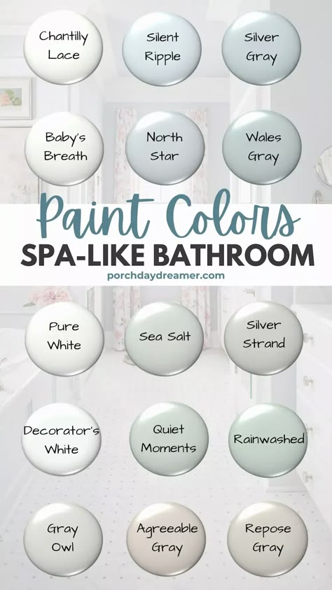 Transform your bathroom into a luxurious, spa-like retreat on a budget! Discover my favorite DIY tips, paint color recommendations, and affordable accessories that will give your bathroom that high-end feel without the hefty price tag. From updating fixtures to adding soothing scents, these easy updates will help you create a serene sanctuary right at home. #BathroomMakeover #SpaBathroom #DIYHomeDecor #BudgetFriendly Best Behr Bathroom Paint Colors, Bathroom Decor Design, Spa Like Paint Colors, Fresh Bathroom Colors, Sea Salt Bathroom Walls, Spa Like Bathroom Ideas Paint Colors, Washroom Paint Ideas, Bathroom Color Themes, Master Bathrooms Decorations Ideas