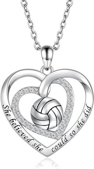 925 Sterling Silver Volleyball Heart Necklace Pendant Jewelry Gift for Women   Jewelry for Volleyball Lover: Engraved with"She believed she could so she did", The sterling silver volleyball necklace is fun to wear and they make a statement! A cute accessory to your outfit or volleyball themed things. Wear them to a volleyball match, sports event, or just to brighten up a day! High Quanity Material: Made of 925 sterling silver. lead-free, nickel-free, cadmium-free, hypoallergenic. It will not cau Volleyball Sister Gifts, Volleyball Stuff, Cute Senior Volleyball Gifts, Volleyball Buddy Gifts, Volleyball Jewelry Diy, Volleyball Necklace Jewelry, Volleyball Necklace, Volleyball Jewelry, Recognition Gifts