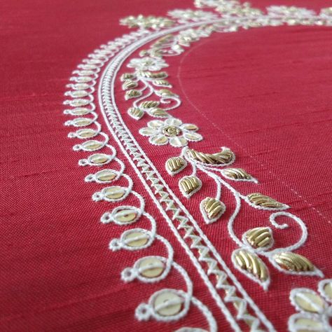 Cotton thread & dabka work on blouse neck Zari Work Embroidery Design For Blouse, Jardosi Blouse Work Simple, Khatli Work Blouse Design New Simple, Kora Dabka Work Embroidery, Khatliwork Blouse Design, Khatli Work Design, Zari Embroidery Designs, Hand Work Embroidery Neck Design, Khat Work Blouse Design