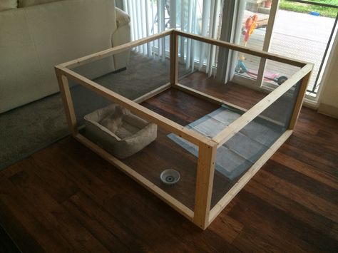 DIY Dog Pen. 4x4x2  6 2x2s and 2 rolls of screen  $22 Diy Dog Pen, Indoor Dog Pen, Building A Dog Kennel, Cheap Dog Kennels, Insulated Dog House, Puppy Pens, Indoor Dog Kennel, Puppy Playpen, Dog Pens