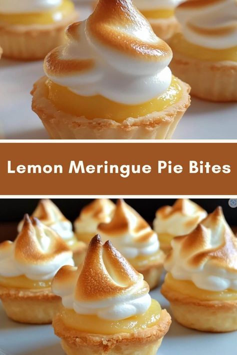 Whenever these little bites are served at a party, nobody seems to be able to resist them! I like to eat 4 myself! Mini Lemon Icebox Pies, Individual Lemon Meringue Pie, Mini Lemon Cream Pies, Lemon Meringue Pie Bites, Lemon Meringue Bites, Small Deserts Ideas, Impressive Desserts For A Crowd, Easy Meringue Recipe For Pie, Mini Lemon Desserts