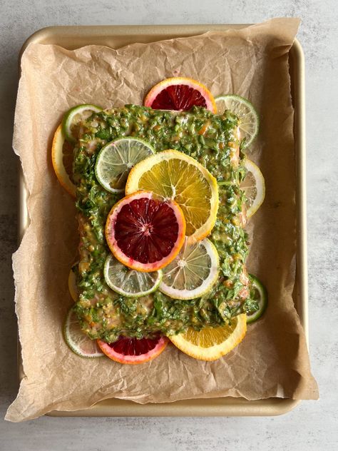 Citrus & Herb Salmon - Something Nutritious Citrus Fish Recipe, Citrus Salmon, Herb Crusted Salmon, Herb Salmon, Citrus Fish, Roasted Baby Potatoes, Spring Recipe, Citrus Salad, Crusted Salmon