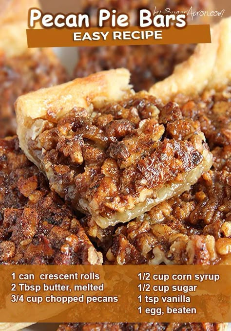 Pecan pie in a bite size bar! Crescent roll dough makes this pecan bar recipe simple and quick to prepare. Easy Pecan Pie Bars, Pecan Bar, Crescent Roll Recipes Dessert, Pecan Desserts Recipes, Pecan Bars Recipe, Pecan Pie Bars Easy, Easy Pecan Pie, Pecan Desserts, Pecan Pie Easy