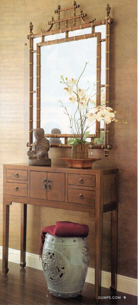 love the whole thing - Asian inspired look - console, and mirror and the colors, and decor Asian Inspired Decor, Indian Interior Design, Asian Interior Design, Chinese Interior, Asian Interior, Asian Furniture, Decorating Bookshelves, Indian Interiors, Chinese Decor