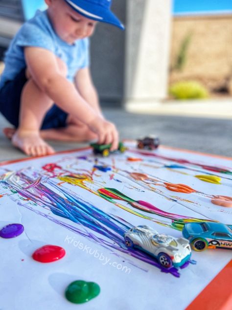 Painting With Cars - Fun Action Art Activity Montessori Car Activities, Cars Activities, Painting With Cars, Action Art, Car Activities, Fine Motor Activities For Kids, Messy Art, Baby Learning Activities, Painting Activities