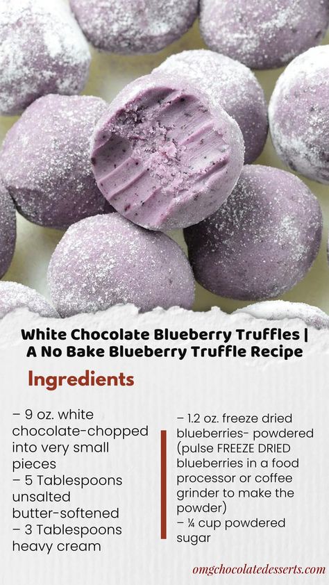 CAUTION!!! Blueberry Truffles can cause addiction!!! When you pop the first sweet little ball into your mouth, you will want more and more! Ingredients – 9 oz. white chocolate-chopped into very small… - Leroy Baron - Medium White Chocolate Blueberry Truffles, Blueberry Truffles Recipe, Spring Truffles, Blueberry Truffles, Purple Dessert Tables, Purple Desserts, Candy Homemade, Chocolate Blueberry, Christmas Baking Cookies