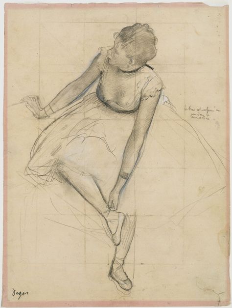 Dancer Adjusting Her Slipper, Edgar Degas 1873 Medium: Graphite heightened with black and white chalk on pink wove paper (now faded); squared for transfer Degas Drawings, Degas Ballerina, Degas Dancers, Master Drawings, Degas Paintings, Ballerina Wall Art, Vintage Ballerina, Ballerina Art, Human Figures