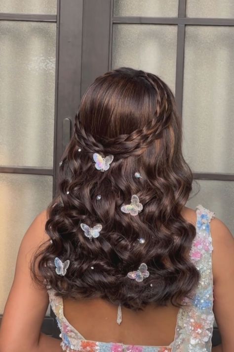 Butterfly Pins In Hair, Fall Wedding Hair Accessories, Prom Butterfly Hair, Prom Hair With Butterfly Clips, Butterfly Hairstyle Short Hair, Prom Hairstyles With Diamonds, Hairstyles With Butterflies, Hair With Butterflies, Butterfly In Hair