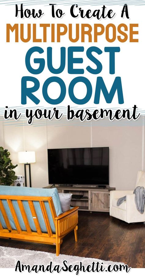 How To Create A Multipurpose Guest Room In Your Unfinished Basement On A Budget Guest Space In Basement, Basement Guest Room And Living Room, Convert Basement To Bedroom, Guest Bedroom Family Room Combo, Home Gym Guest Room Combo Ideas, Spare Room Game Room Ideas, Guest Room Basement, Basement Guest Suite Ideas, Game Room Guest Room Combo